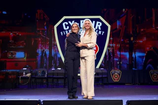 Handshake on stage at Cy-Fair pinning ceremony